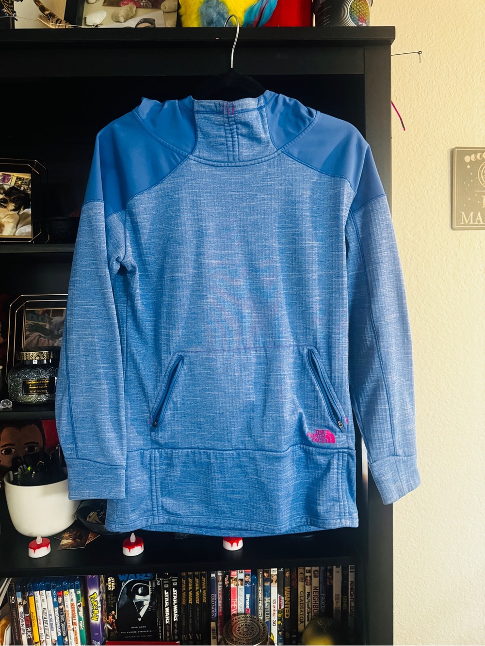 The North Face Women’s Light Blue Heather Pullover Hoodie with Pink Logo